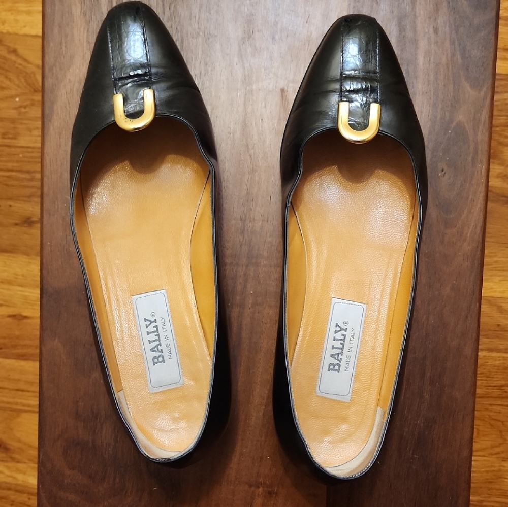 Bally Black Leather Low Heels with Gold Buckle